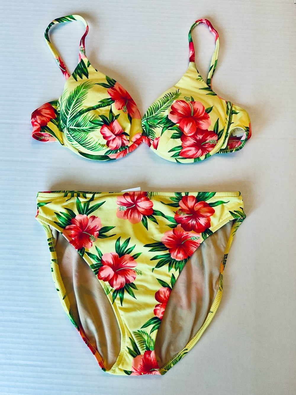 Cherokee Yellow Floral Bikini Set with Red Hibiscus Print Size 14